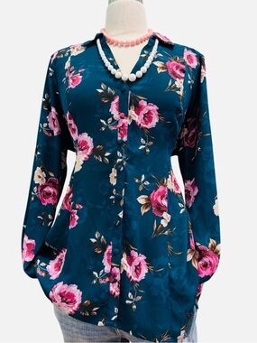 TORRID-Teal Button-Up Blouse with Pink Rose Print